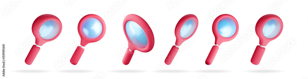 Poster set of 3d vector pink magnifying glass icons with lens and handle. search or discovery concept. isol
