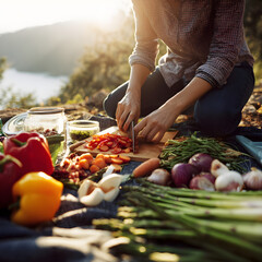 Woman chopping vegetables while preparing food outdoors in the sunset