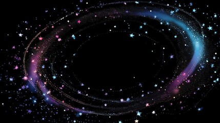 Colorful star swirl against dark backdrop with negative space oval in center