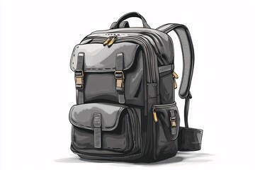 Fototapeta premium A sleek black backpack featuring multiple compartments and stylish gold-toned zip closures, perfect for travel, work, or everyday use. Versatile and functional design.