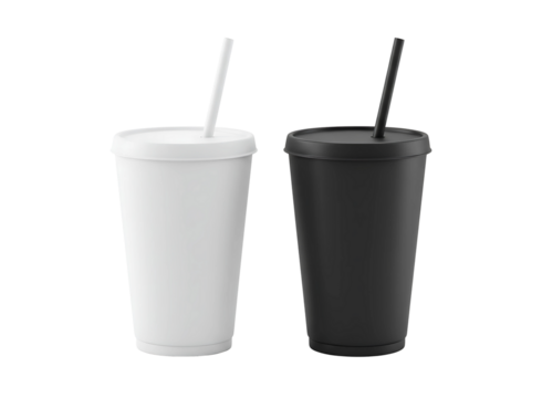 Two reusable tumblers with straws isolated on transparent background