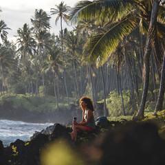Hiker relaxing on volcanic rocks, drinking from reusable bottle in tropical forest