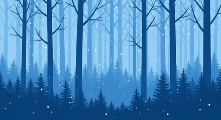 Serene Winter Forest:  Blue Silhouette Trees, Falling Snow, Peaceful Mood, Vector Illustration.