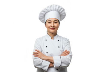A smiling female chef in a white uniform and hat stands with her arms crossed, isolated on a transparent background