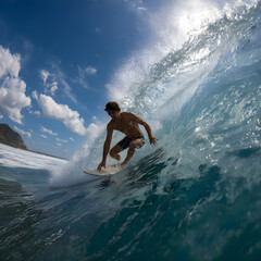 Surfer riding big ocean wave under blue sky