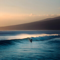Surfer riding wave at sunset in ocean with mountain view