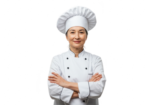 A smiling female chef in a white uniform and hat stands with her arms crossed, isolated on a transparent background