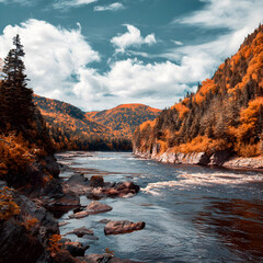 Jacques cartier river flowing through colorful autumn forest landscape in quebec, canada