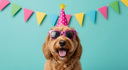 A fluffy brown dog wearing pink polka dot sunglasses and a matching party hat with a yellow star sits under a colorful banner