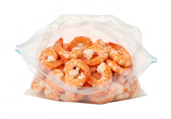 A clear plastic bag filled with frozen shrimp, ready for cooking and a healthy meal isolated on transparent background