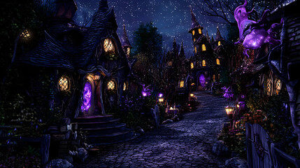 Dark, mystical village street at night, with purple glowing portal and detailed houses.  Houses are quaint, with dark, rich colors.  Starry night sky