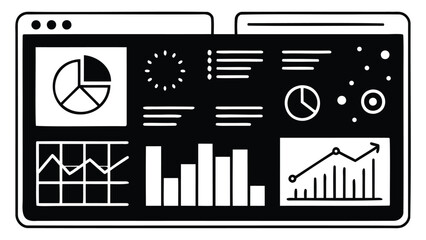 Black and white dashboard interface showing charts and graphs for data visualization and analysis tasks