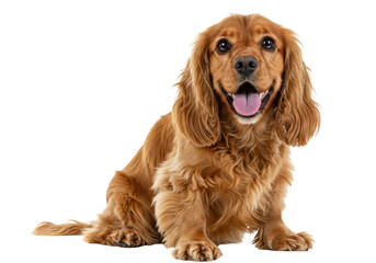 A happy golden cocker spaniel puppy with its tongue out sits and looks at the camera, isolated on a transparent background