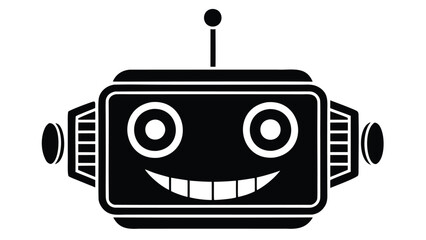 Illustration of a smiling robot head with a rectangular body and antenna on a white background