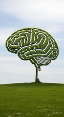Serene Green Brain Tree: Conceptual Nature Image, Tranquil Mood, Environmental Theme