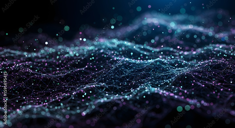 Poster abstract digital landscape with glowing particles and interconnected lines, creating a sense of dept