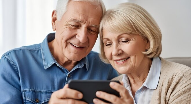 Elderly couple happily enjoying video call on smartphone at home - Powered by Adobe