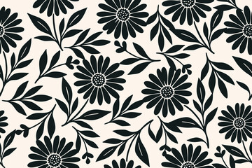 Stylish seamless floral pattern with black daisy-like blooms and graceful leafy branches on a soft cream background, ideal for prints, textiles, or wrapping paper.