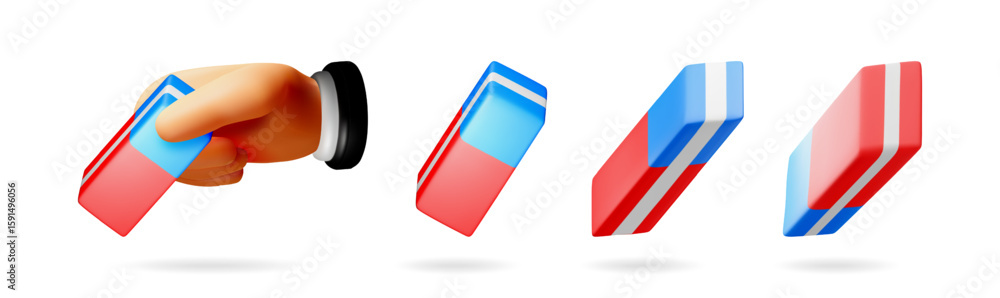 Poster a man hand holding an eraser and four 3d illustration erasers isolated, concept correct mistakes and