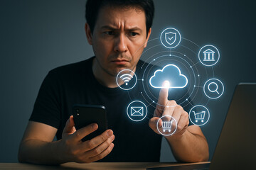 Man using cloud computing technology on smartphone for secure data storage and online services access