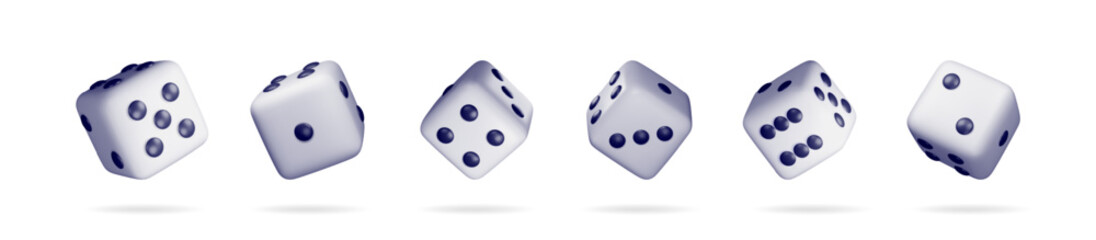 Set of six 3d render white dice with black dots in various flying positions. Object for casino and game design.