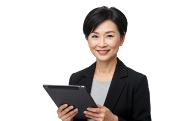 A confident middleaged asian businesswoman smiles while holding a tablet, isolated on a transparent background