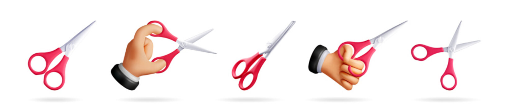 Hand holding red scissors and individual scissors icons. 3d cartoon vector illustration set for cutting work and craft projects.