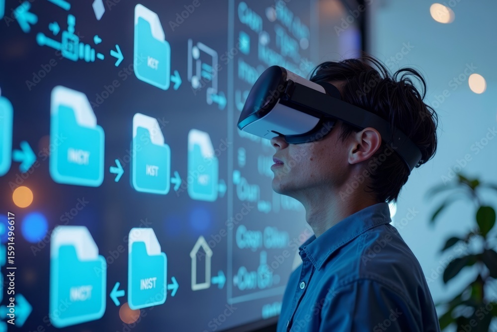 Poster navigating through a 3d holographic file manager using virtual reality goggles: a futuristic digital