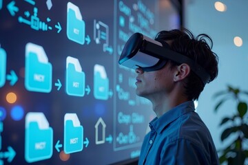 Navigating through a 3D holographic file manager using virtual reality goggles: a futuristic digital experience.