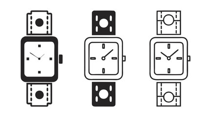 Three watches with square faces and different strap styles displayed in a row on white background