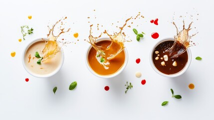 47.A detailed composition of three soups splashing on impact, with individual ingredients visibly falling and creating dynamic arcs of liquid in mid-air against a crisp white background.