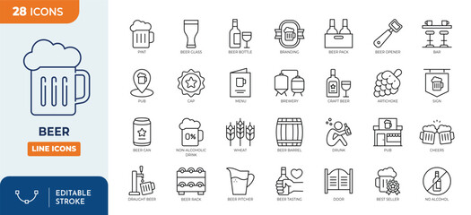 Beer line editable icon set. Containing beer, pint, beer bottle, drinking, hop, brewery, beer can, craft beer, pub and more. Editable stroke. Vector illustration