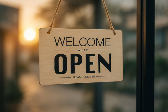 Welcome open sign for business shop store restaurant cafe now open grand opening hours concept message