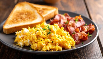 Scrambled eggs, bacon, and toast breakfast