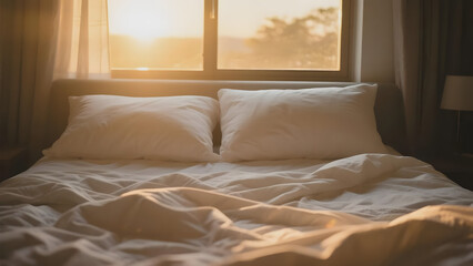 Sunlit Bedroom with Unmade Bed and Pillows
