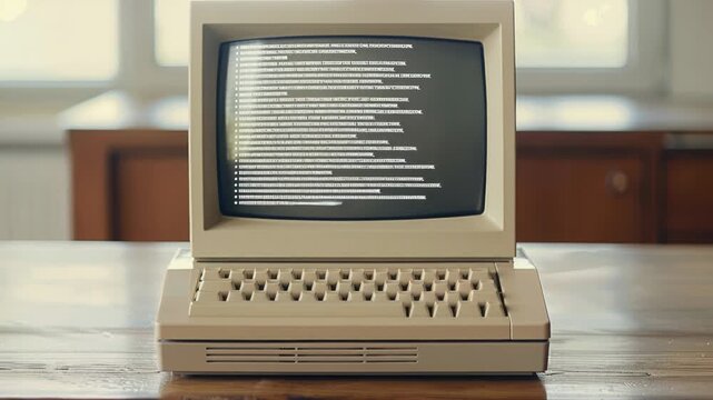 An old computer on a wooden table