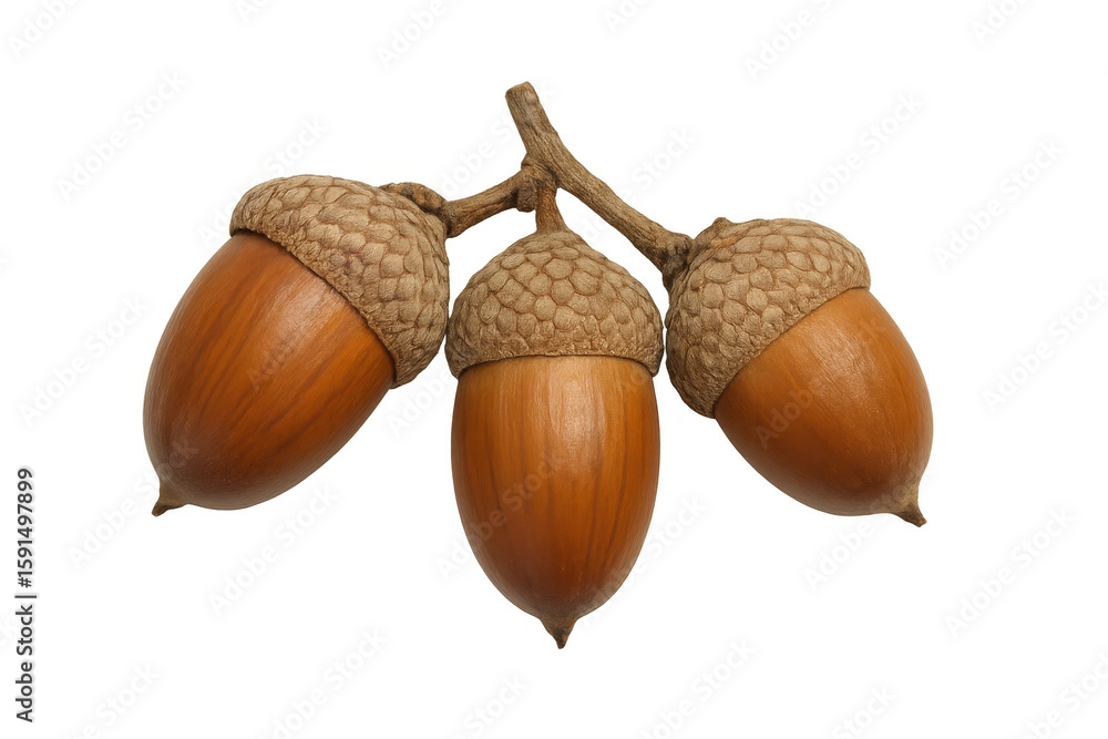 Poster cluster of three ripe acorns hanging from an oak branch, isolated on transparent background, ready f