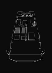 Armored troop carrier in bold black and white contour drawing, showcasing detailed military design on dark background. The illustration highlights clean lines and strong silhouette for tactical.