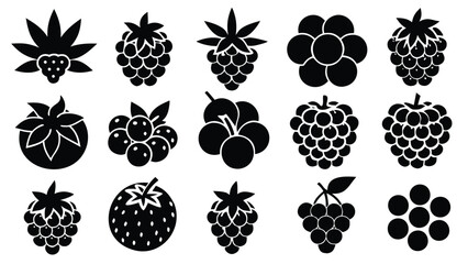 Collection of various black and white silhouette berry fruits including strawberries and raspberries icons