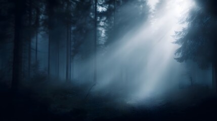Mystical foggy forest path with a beam of light