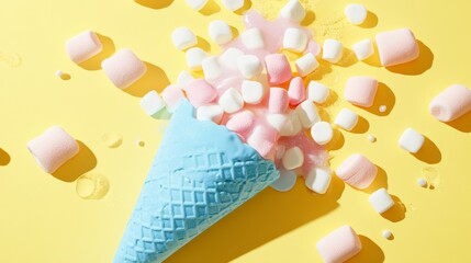 78.A minimalist, symmetrical layout of a blue waffle cone spilling pink candies and marshmallows, placed on a smooth yellow backdrop with clean, bright lighting.