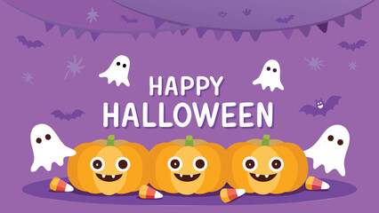 Happy halloween scene with smiling pumpkins, floating ghosts, bats and candy corn on a purple background