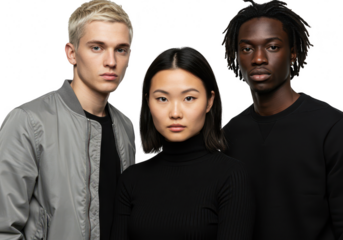 A diverse group of three young adults, two men and one woman, pose seriously together, isolated on a transparent background