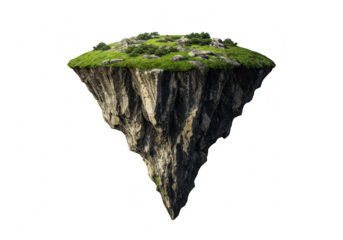 A surreal floating island with green grass and rocky cliffs, isolated on white isolated on transparent background
