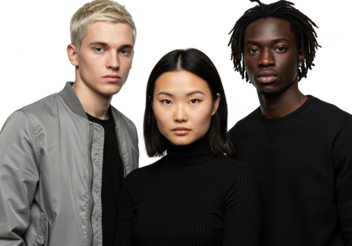 A diverse group of three young adults, two men and one woman, pose seriously together, isolated on a transparent background