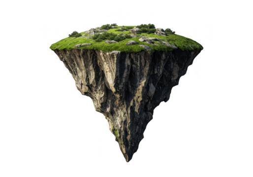 A surreal floating island with green grass and rocky cliffs, isolated on white isolated on transparent background