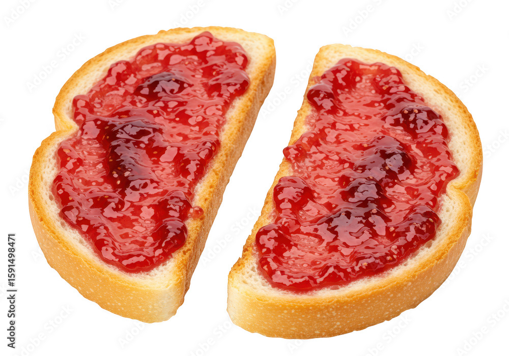 Poster two halves of toast generously spread with red fruit jam, isolated on transparent background