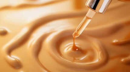 54.A high-end product mockup showing a tilted cosmetic bottle with its pipette releasing a stream of liquid foundation, pooling in elegant swirls. The backdrop is softly lit to accentuate the