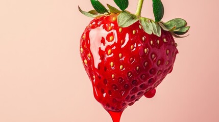 26.A rich, glossy flow of red strawberry syrup dripping vertically with visible seeds embedded, creating a realistic texture. The vibrant red tones stand out against a clean, light-colored background.