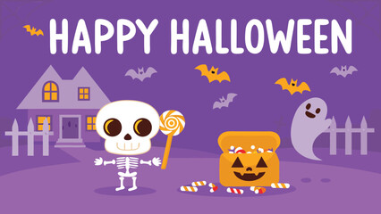 Fototapeta premium Happy halloween scene with skeleton, ghost, candy, bats, and house on a purple background design